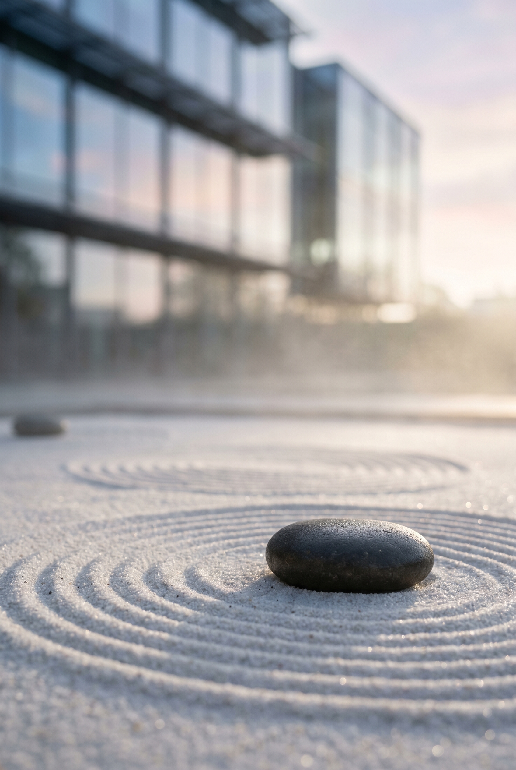 Ein ruhiger Zen-Garten als Symbol für die Beruhigung des überaktiven Alarmsystems im Gehirn durch Pain Neuroscience Education.