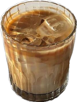 A ribbed glass filled with an iced coffee or latte showing swirling cream and large ice cubes.