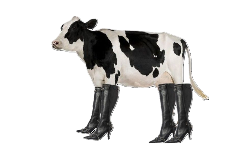Surrealist image of a black and white Holstein cow wearing four tall black stiletto boots.