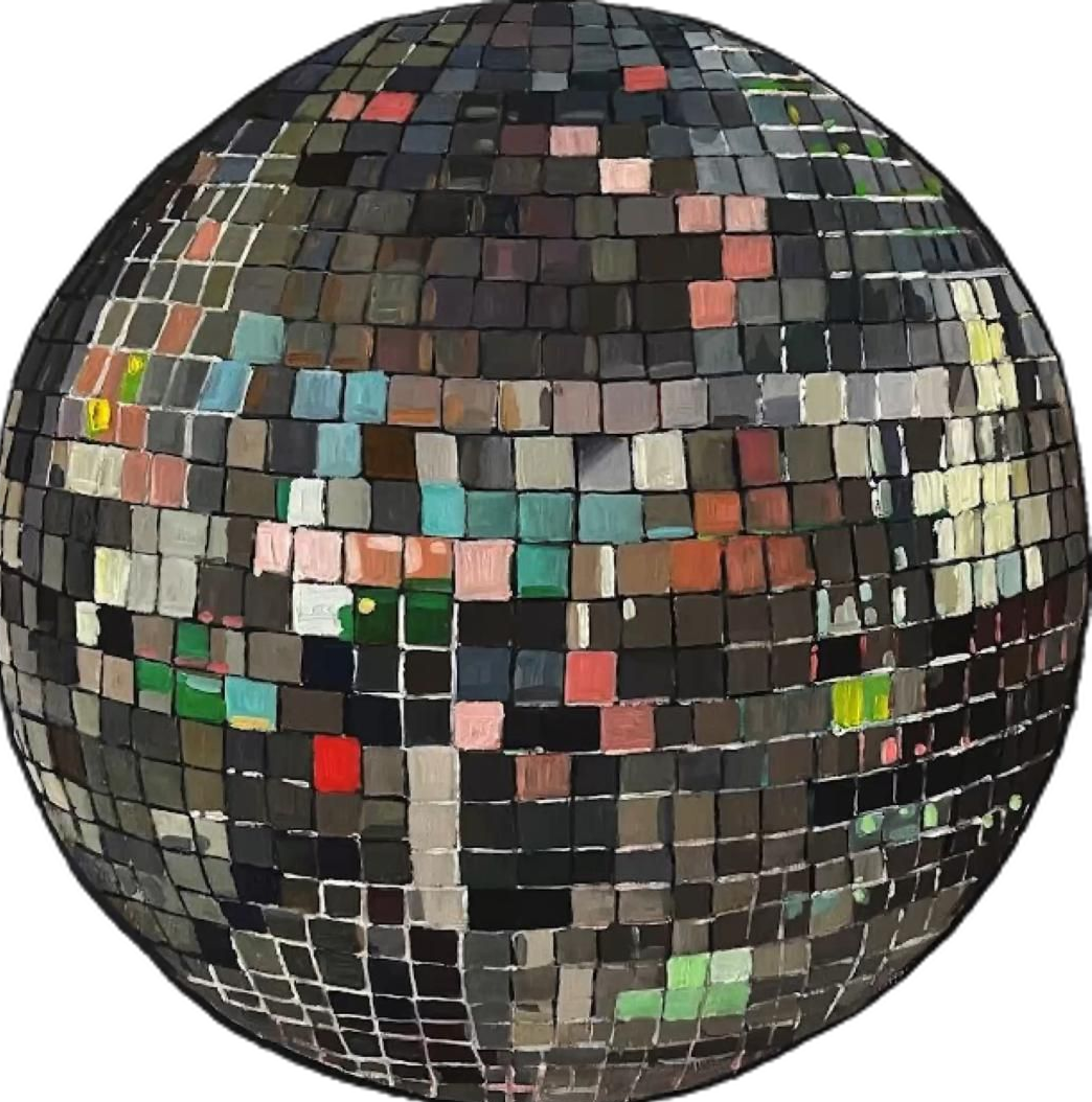 A colorful, stylized painting of a disco ball using a mosaic of earth tones, greens, and reds.