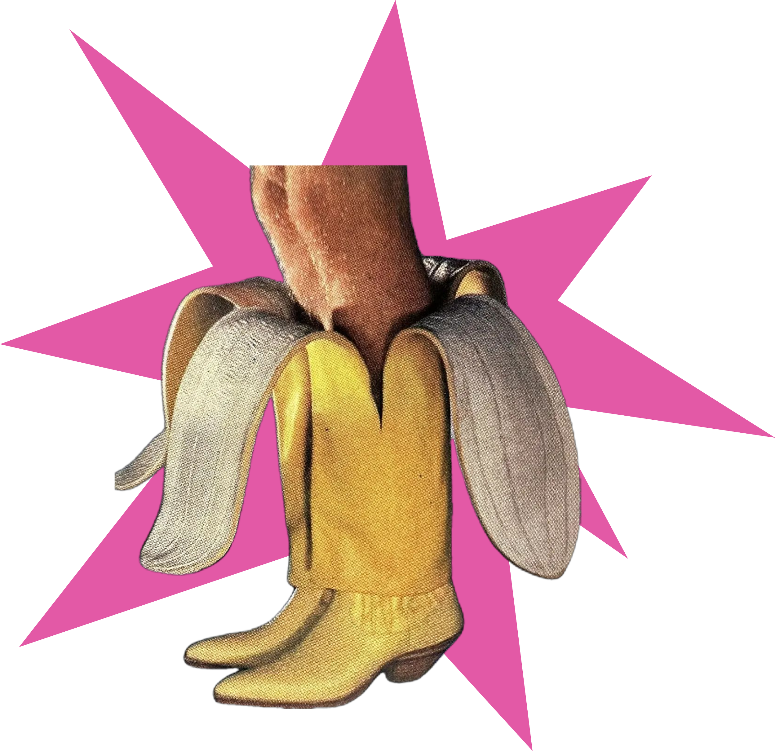 A surrealist collage of hairy legs wearing yellow cowboy boots that peel open like a banana, set against a vibrant pink starburst.