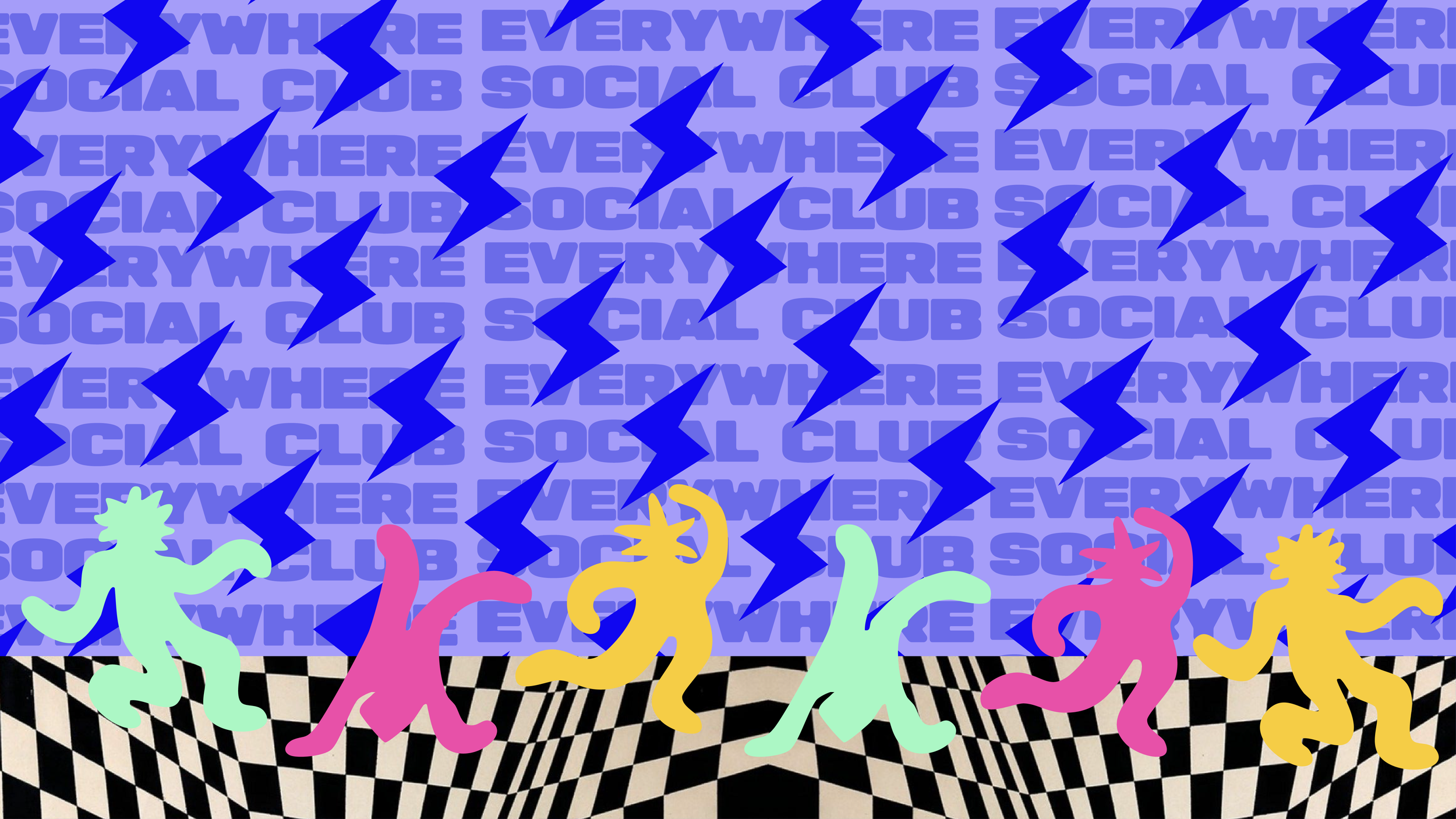 Vibrant graphic with dancing silhouettes over a purple background of blue lightning bolts and Everywhere Social Club text.