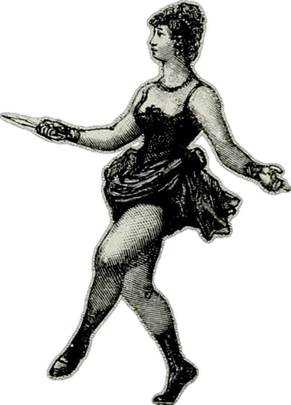 A vintage black and white engraving of a woman in a classic corset dress, holding a small dagger in one hand with her other arm outstretched.
