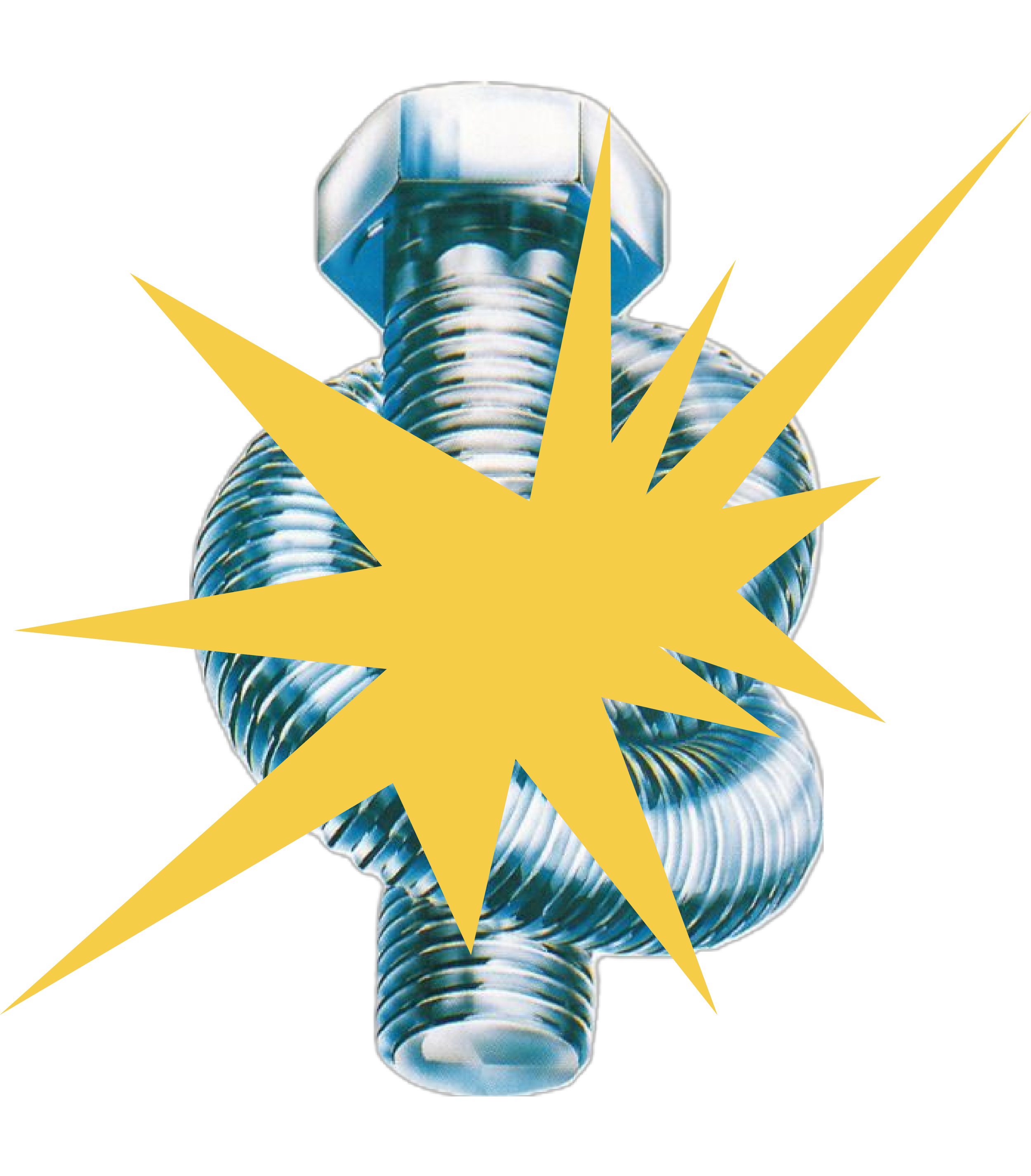A metallic industrial bolt wrapped in a coil, featuring a large bright yellow jagged spark or starburst over the center.