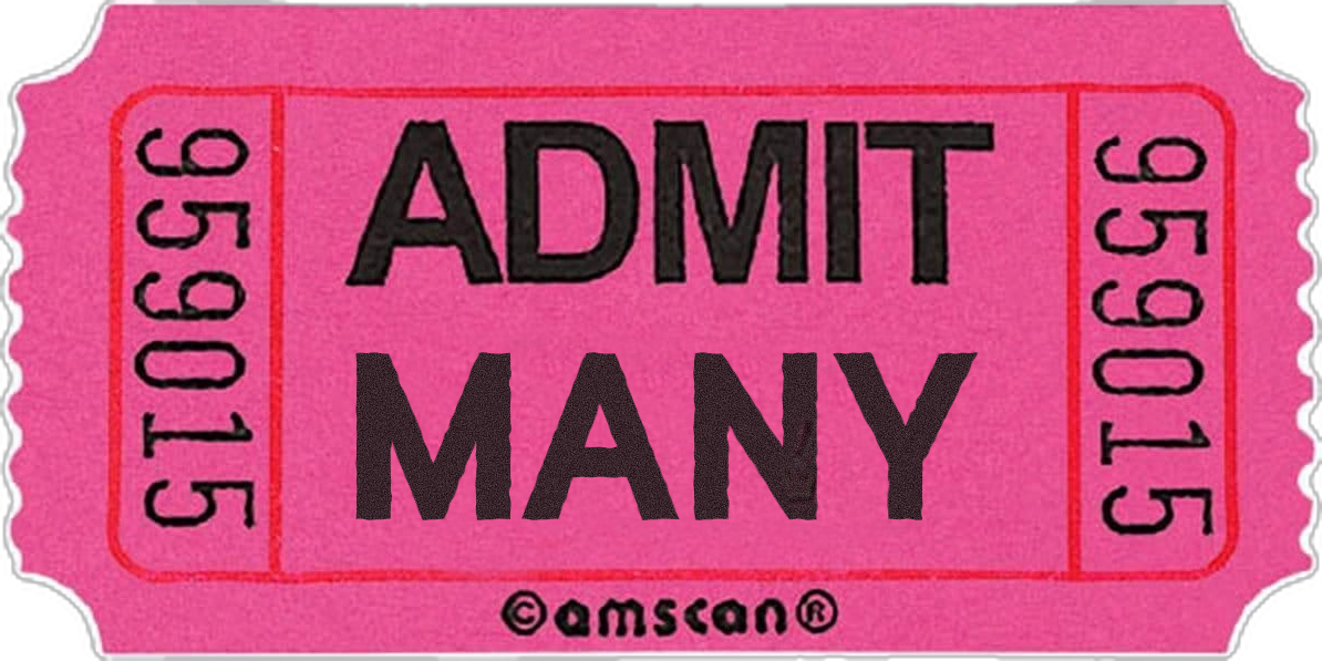 Pink vintage-style carnival ticket with the words ADMIT MANY in bold black text.