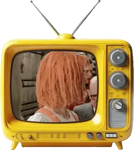 A bright yellow retro television set showing Leeloo from The Fifth Element on the screen holding a multipass.
