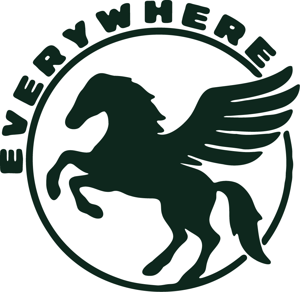 Dark green circular emblem featuring a silhouette of a pegasus with the word EVERYWHERE arched above it.