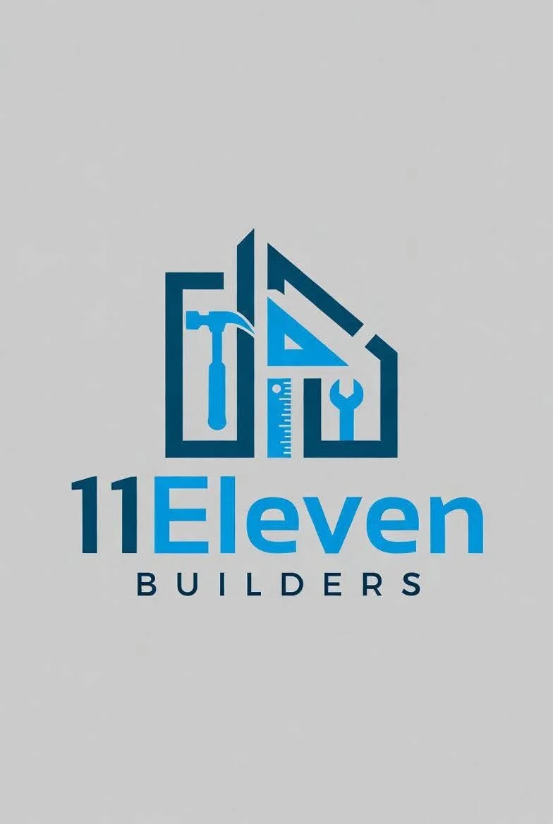 Logo for 11 Eleven Builders featuring a house outline with tools inside, including a hammer, ruler, and wrench, all in blue.