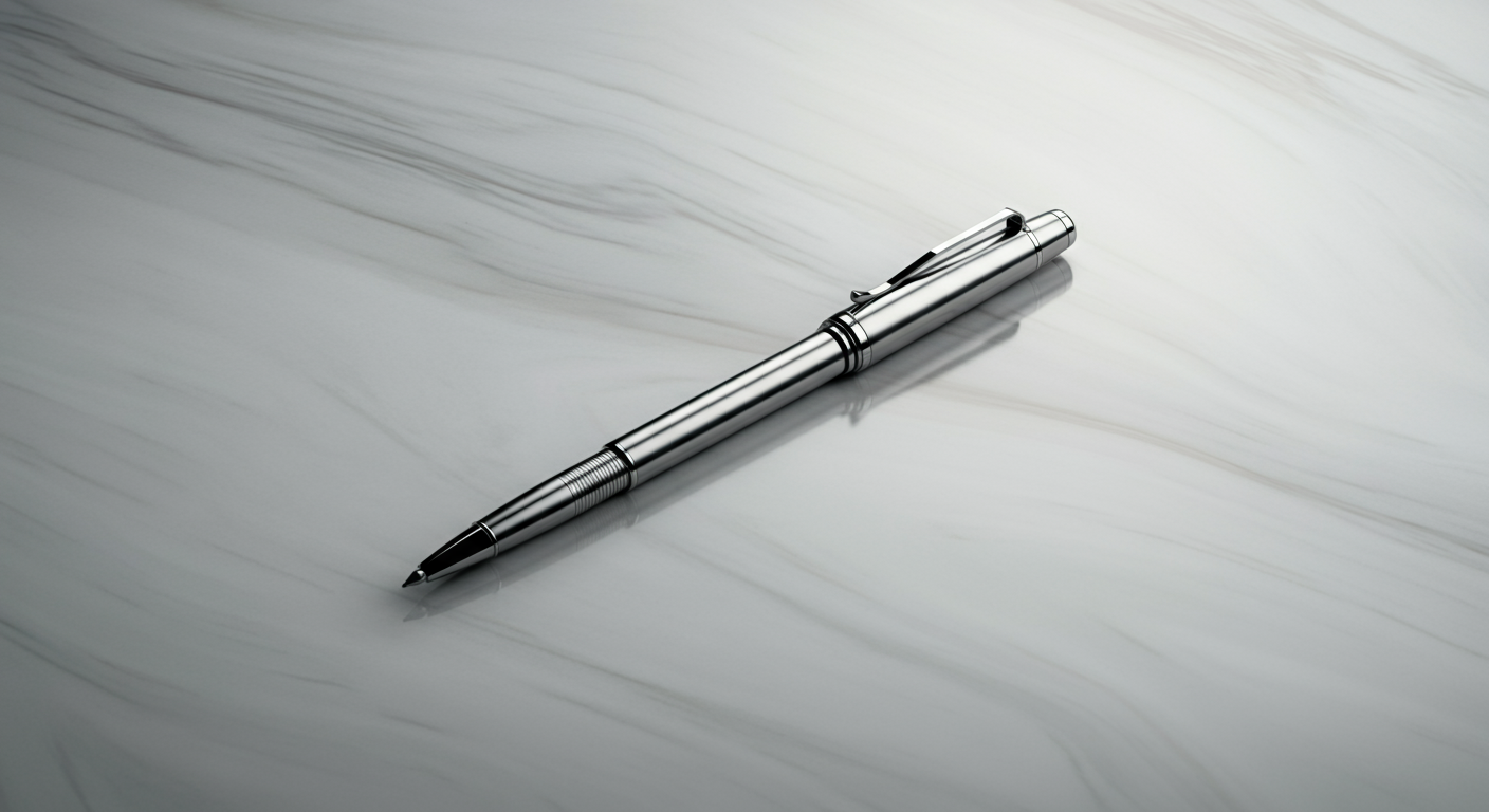 A silver pen lies on a white marble surface.