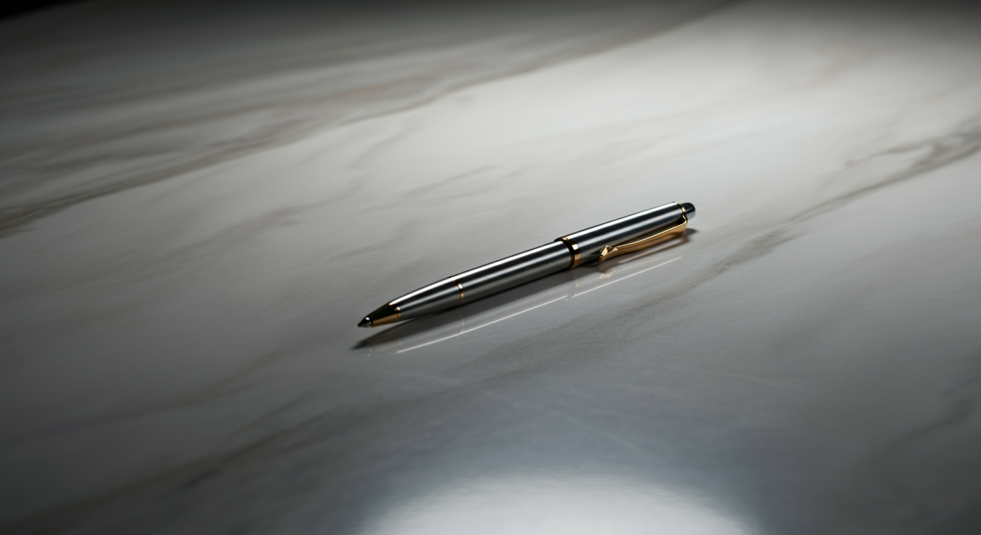 Silver and gold pen lying on a marble surface.