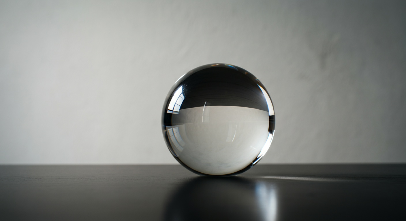 A clear glass sphere resting on a dark surface, reflecting a minimalist interior space with a white wall and window reflections.