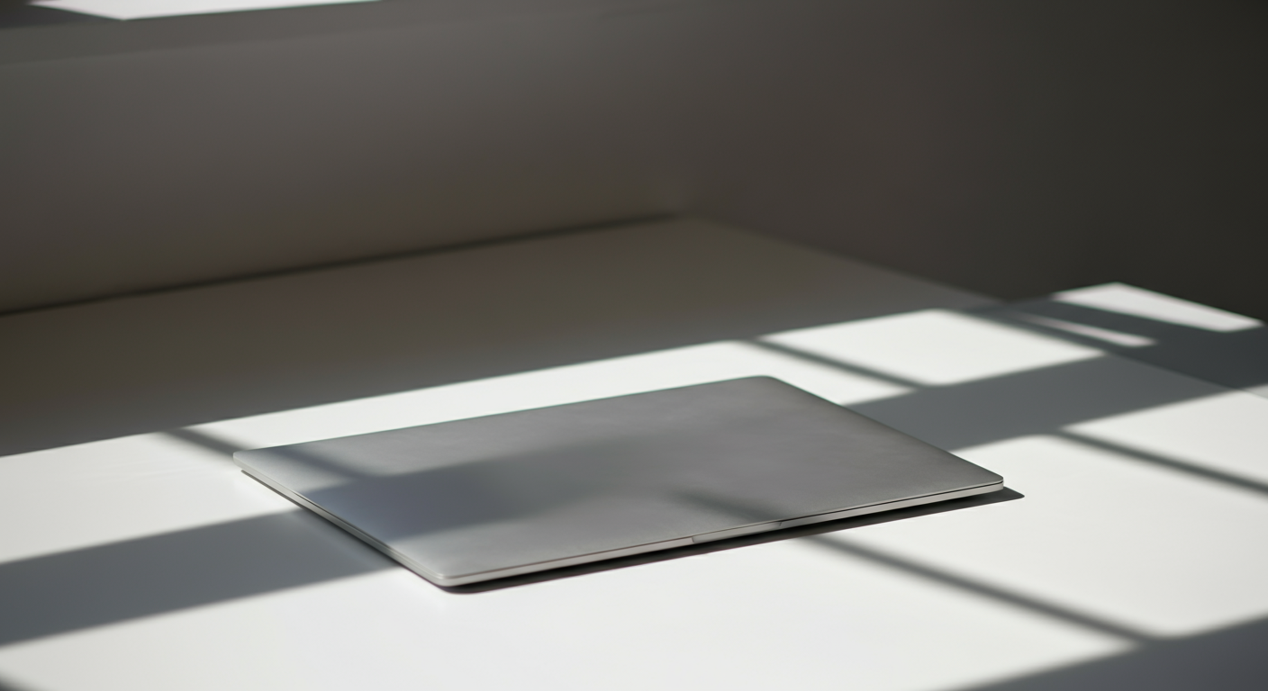 A closed laptop on a white surface with shadows from window blinds.