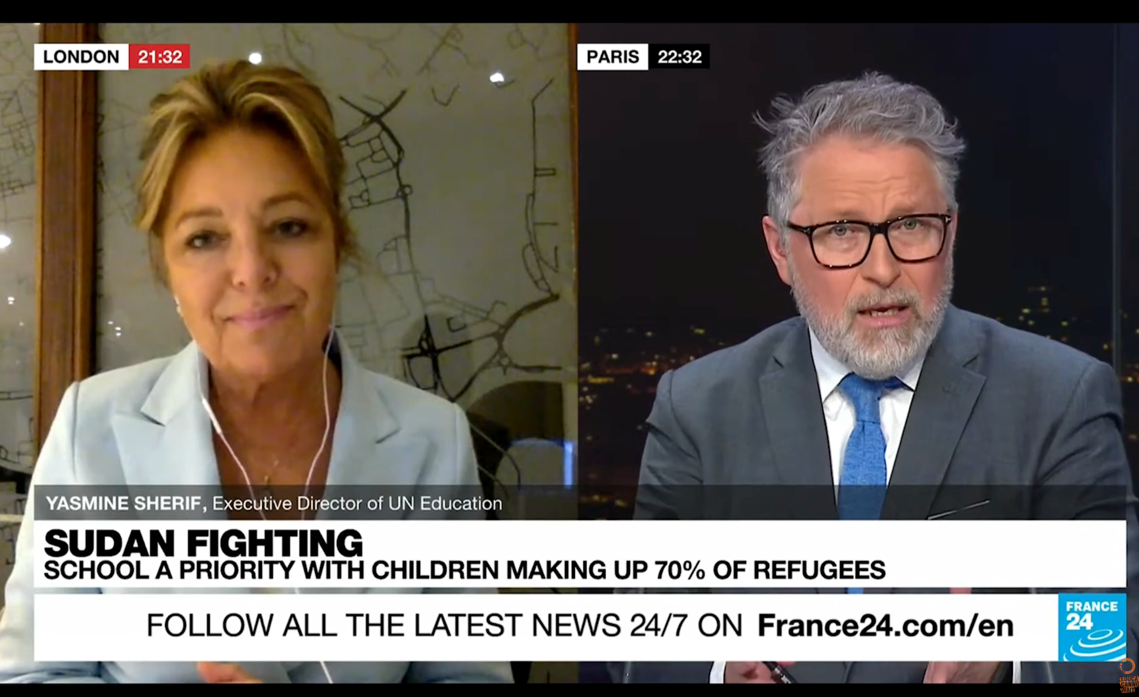 France 24 Interviews Yasmine Sherif following Sudan-Chad Border Mission.
