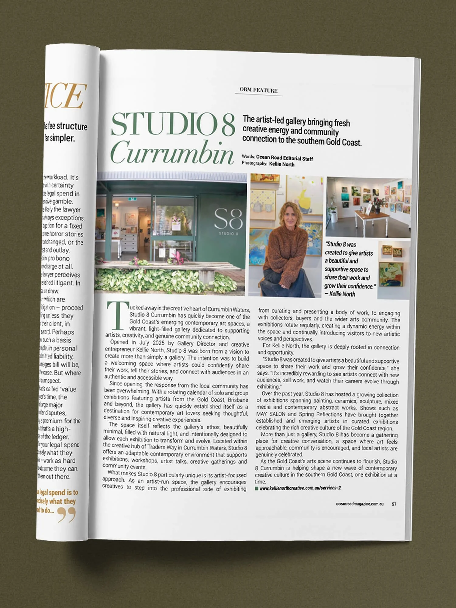 An open magazine page with an article about Studio 8 Currumbin, featuring photos of the art gallery interior and a woman sitting in the gallery. The article discusses the gallery's purpose, history, and connection to the Gold Coast community.
