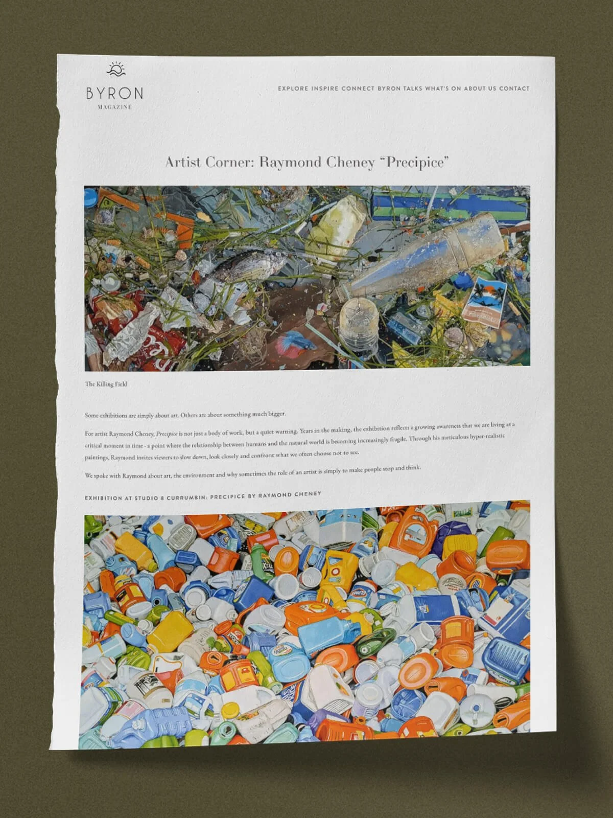 A magazine page featuring artwork by Raymond Cheney titled 'Precipice.' The page has two images of trash: one of a pile of assorted plastic waste and debris, and another of a large collection of plastic bottle caps and containers. The page layout includes text discussing the artist's work and theme of environmental awareness.