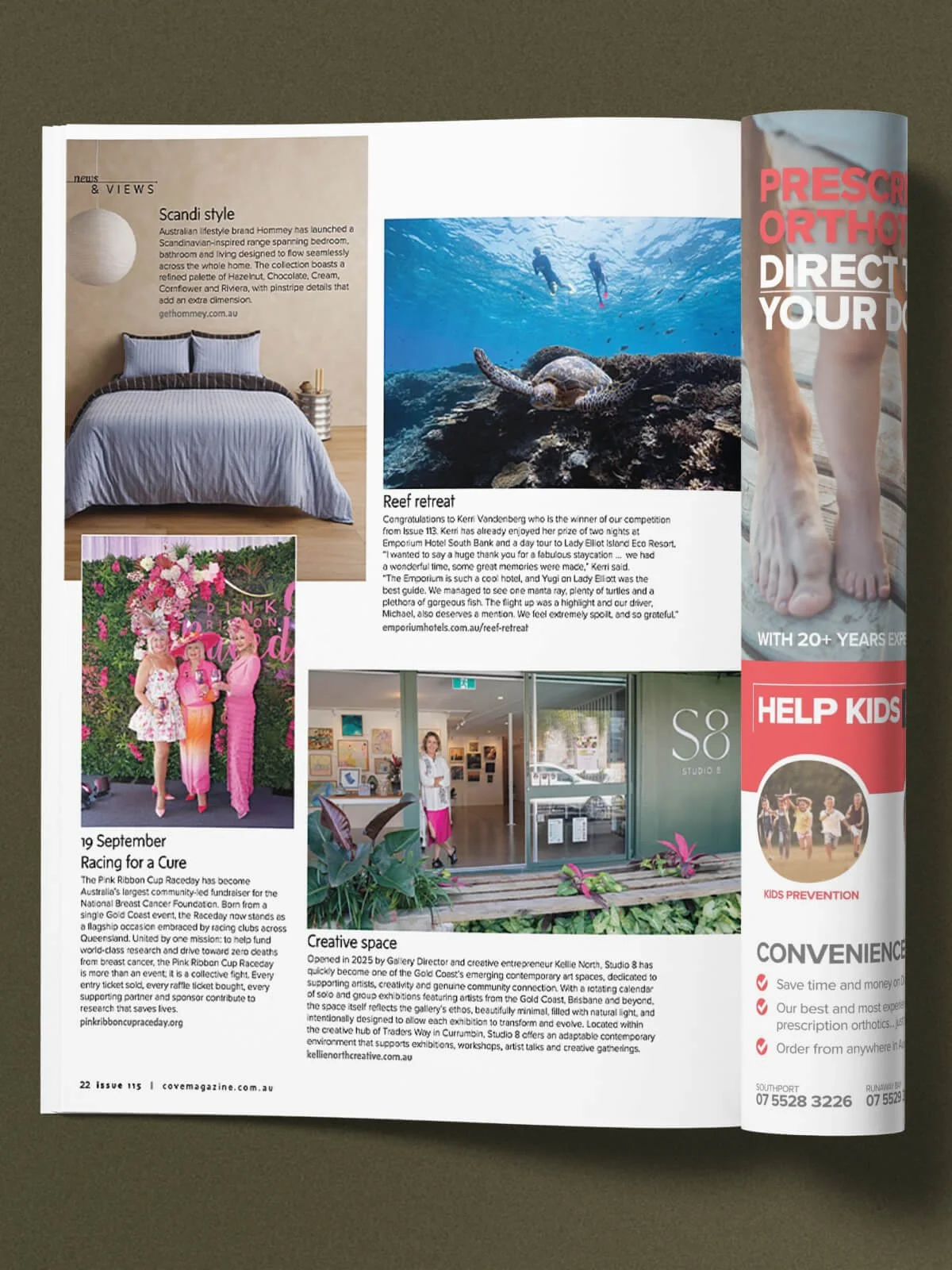 An open magazine page with an article about Studio 8 Currumbin, featuring photos of the art gallery interior and a woman sitting in the gallery. The article discusses the gallery's purpose, history, and connection to the Gold Coast community.