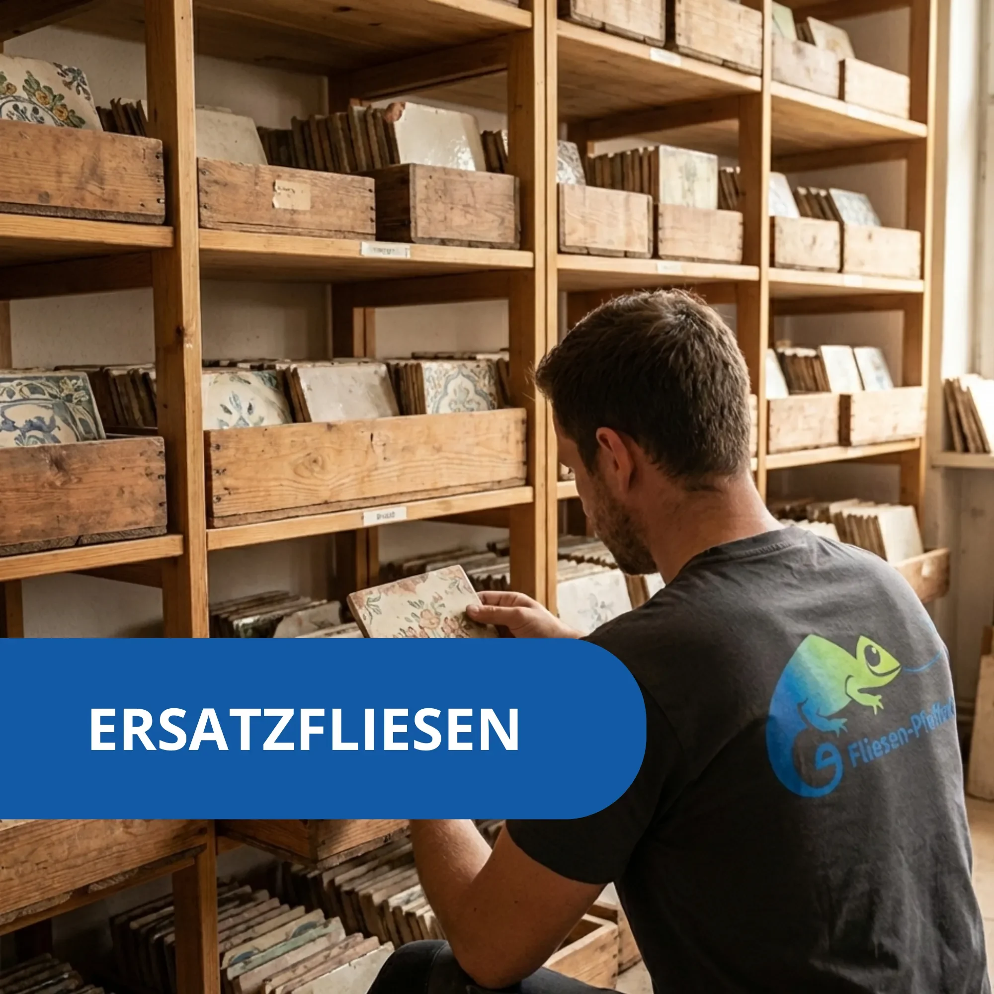 Großes Ersatzfliesenlager von Fliesen Pfefferle mit alten und nicht mehr erhältlichen Wand- und Bodenfliesen.