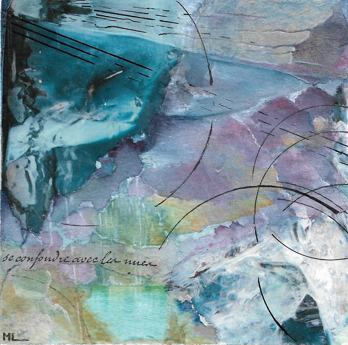 Une peinture abstraite avec des couleurs pastel, des lignes noires courbes et une écriture cursive en bas à gauche