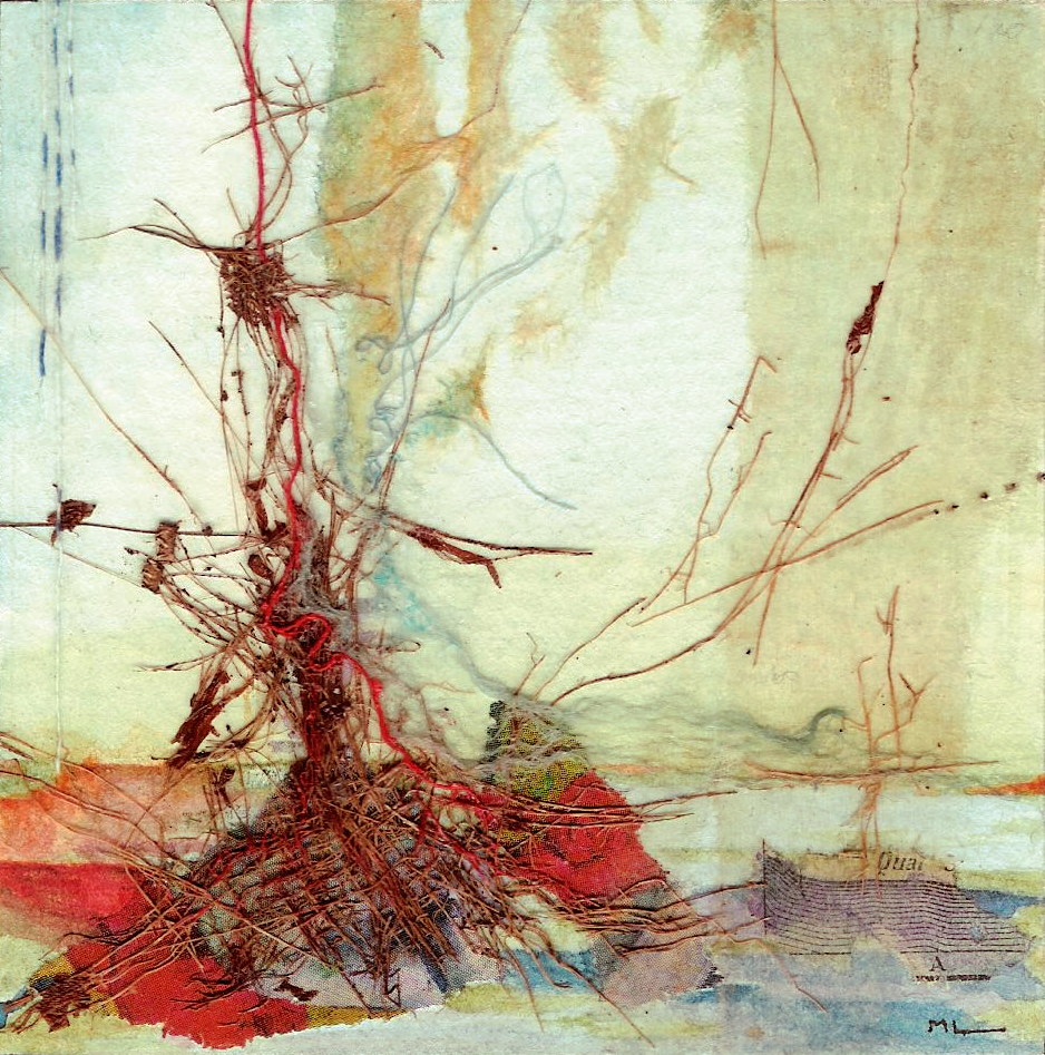 Dessin abstrait représentant un arbre avec des racines visibles, réalisé avec des lignes fines et des couleurs douces.