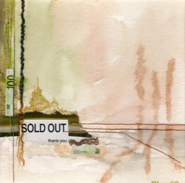 Une illustration artistique représentant un billet de banque avec un label "SOLD OUT" et des éléments dégradés ou déchirés, évoquant une texture usée ou endommagée.