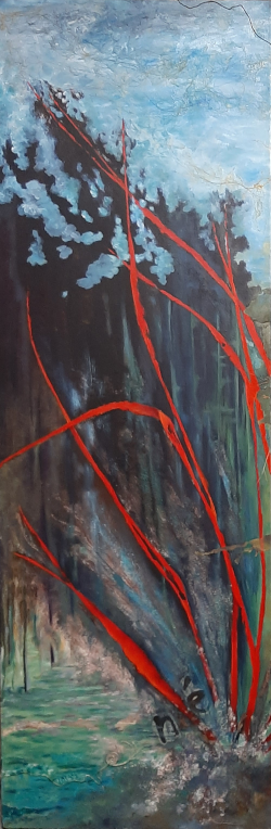 Peinture abstraite représentant un arbre avec des branches rouges et un ciel en arrière-plan.