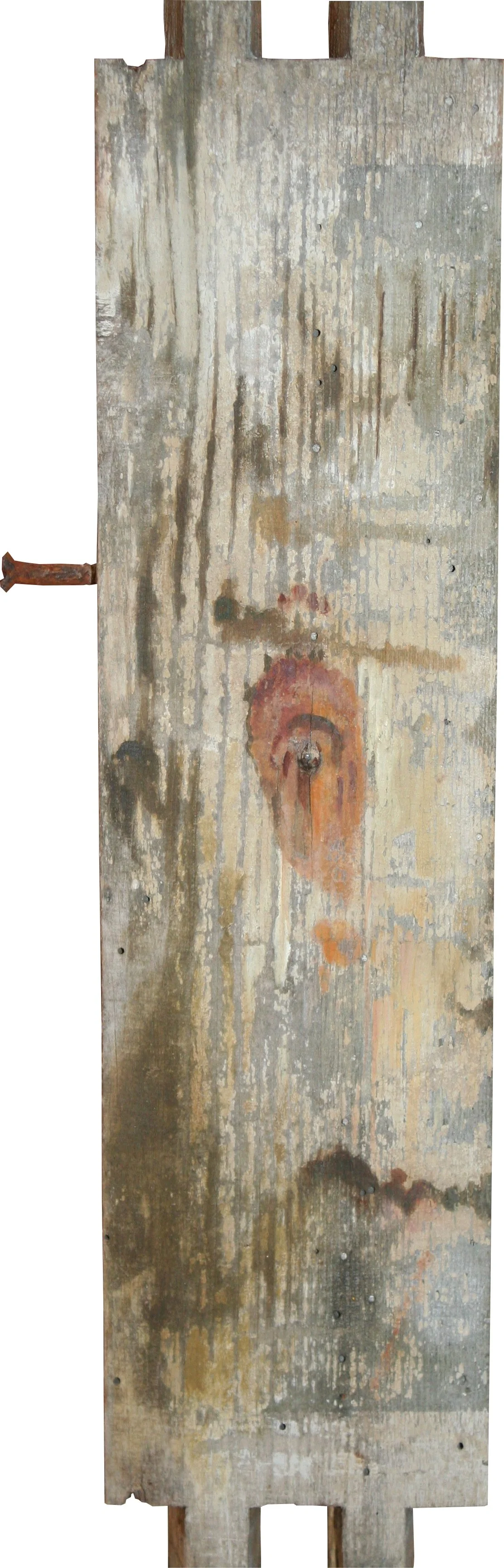 Planche en bois ancienne, usée, avec la surface décolorée et des marques de rouille.