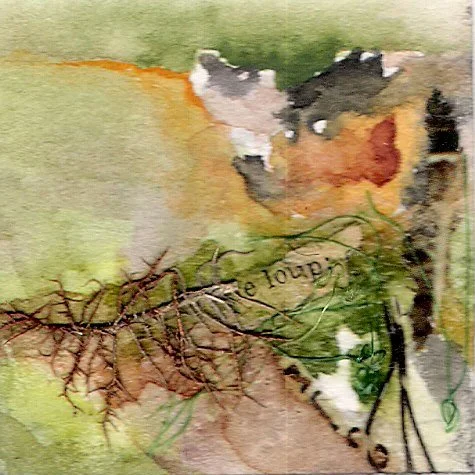 Peinture abstraite avec des couleurs vert, orange, noir, blanc et rouge, avec des collages végétaux.