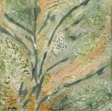 Une peinture représentant des branches d'arbre avec des feuilles vertes et des touches de couleur orange et blanche.