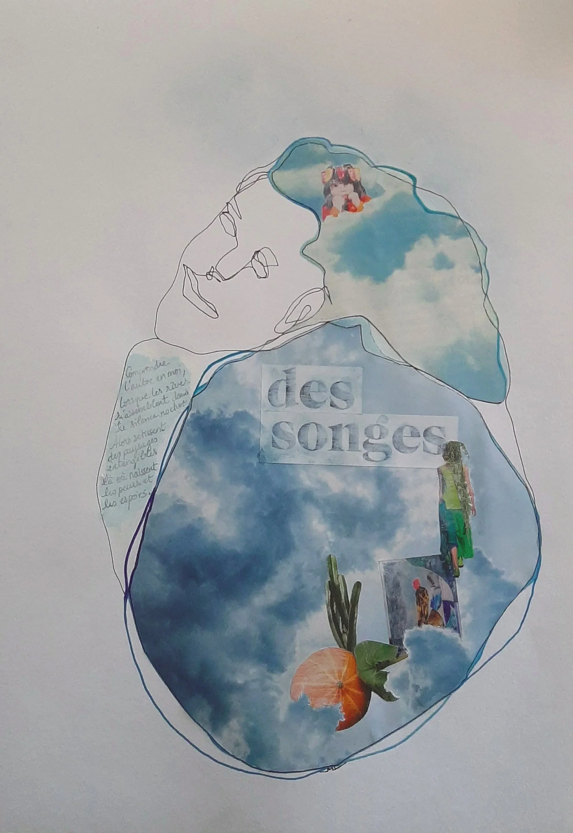 Une illustration d'une silhouette humaine dessinée avec une ligne continue. Elle contient des images de ciel nuageux, de cactus, d'une orange coupée, et quelques petites photos, avec un texte en français "des songes" et un petit paragraphe manuscrit. Il y a également une partie illustrée d'une personne portant un casque de réalité virtuelle.