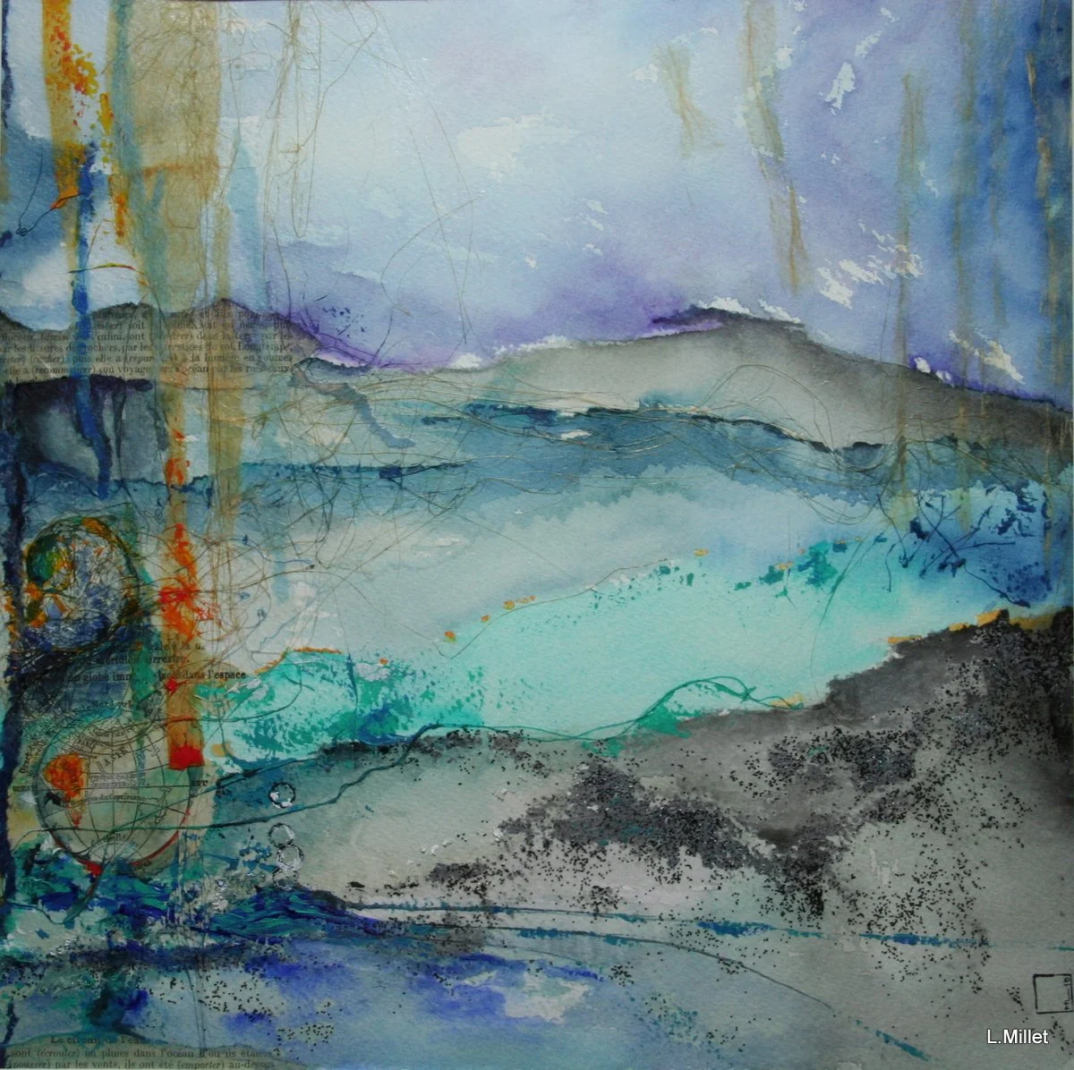 Un paysage abstrait avec des montagnes, un lac et un ciel nuageux, avec des couleurs principalement bleues, violettes et gris clair, comprenant des textures et des lignes flottantes.