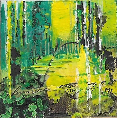 Peinture abstraite représentant une forêt avec des arbres verts et jaunes, une clairière centrale et un sol brun