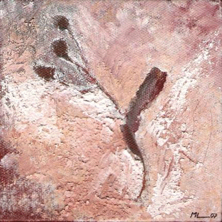 Œuvre d'art abstraite avec des formes et des textures en rose, blanc, gris et noir.