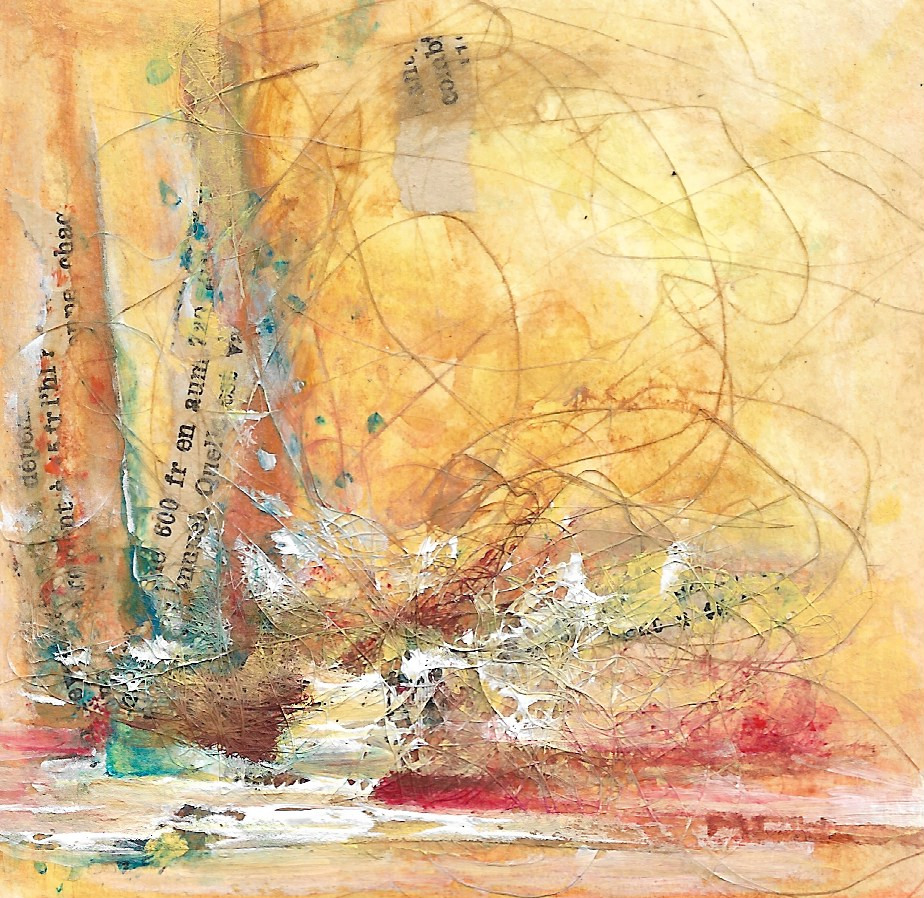 Une œuvre d'art abstraite avec des couleurs chaudes, des lignes tourbillonnantes avec des fils et des fragments de textes collés.