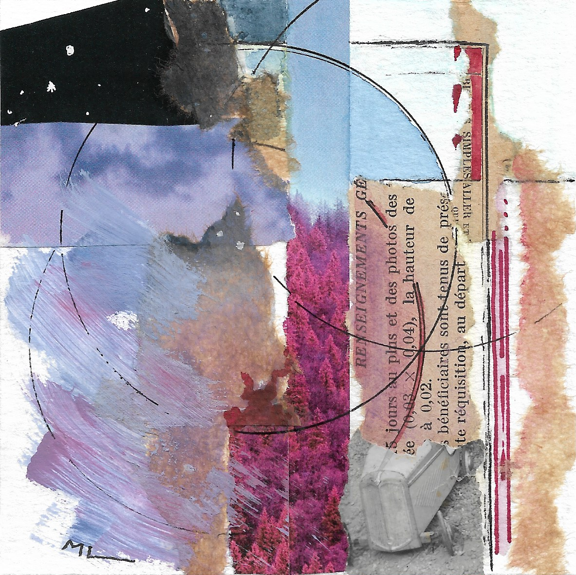 Une composition artistique mélangeant des éléments de peinture abstraite, des morceaux de papier, et une partie d'une affiche avec du texte en français et une image de matériel de construction.