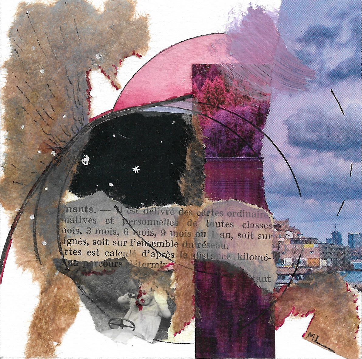 Collage artistique mélangeant photographie urbaine, peinture, papier découpé avec texte en français et éléments graphiques, incluant l'image d'une ville, des arbres, un ciel nuageux, et des formes colorées.