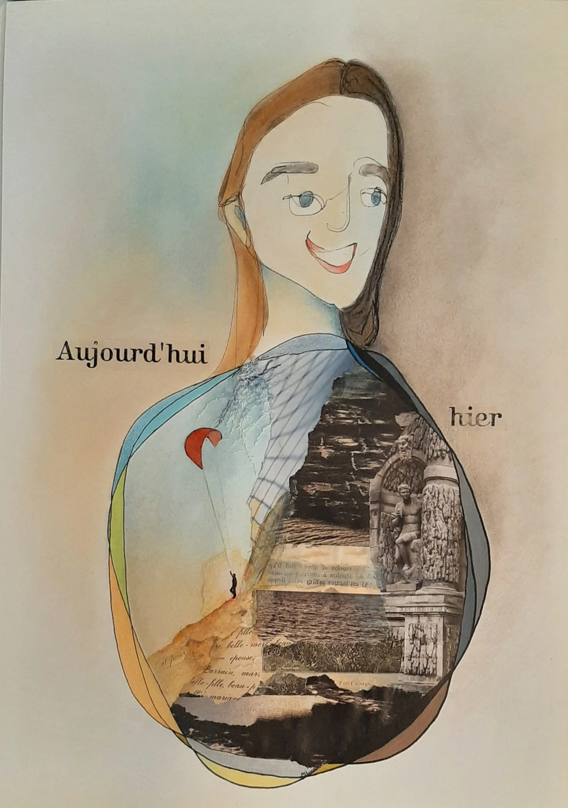 Une illustration d'une femme avec un visage souriant et des lunettes, dont le corps est une combinaison d'éléments historiques et naturels, divisée entre hier et aujourd'hui.