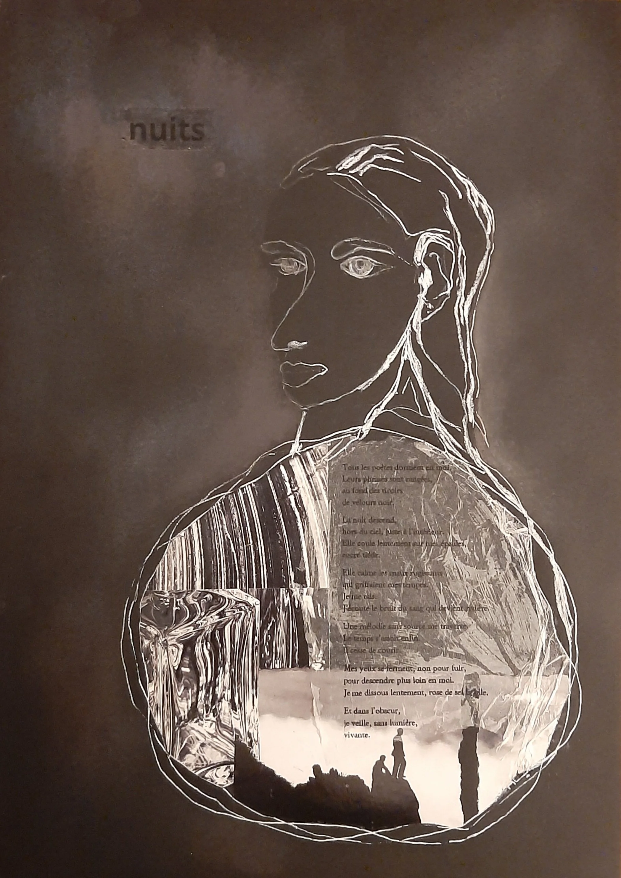 Affiche artistique avec un dessin en ligne d'une femme et un collage intégrant un poème en français, une image de silhouettes regardant un coucher de soleil, et un morceau de roche, avec le mot 'nuits' écrit en haut à gauche.