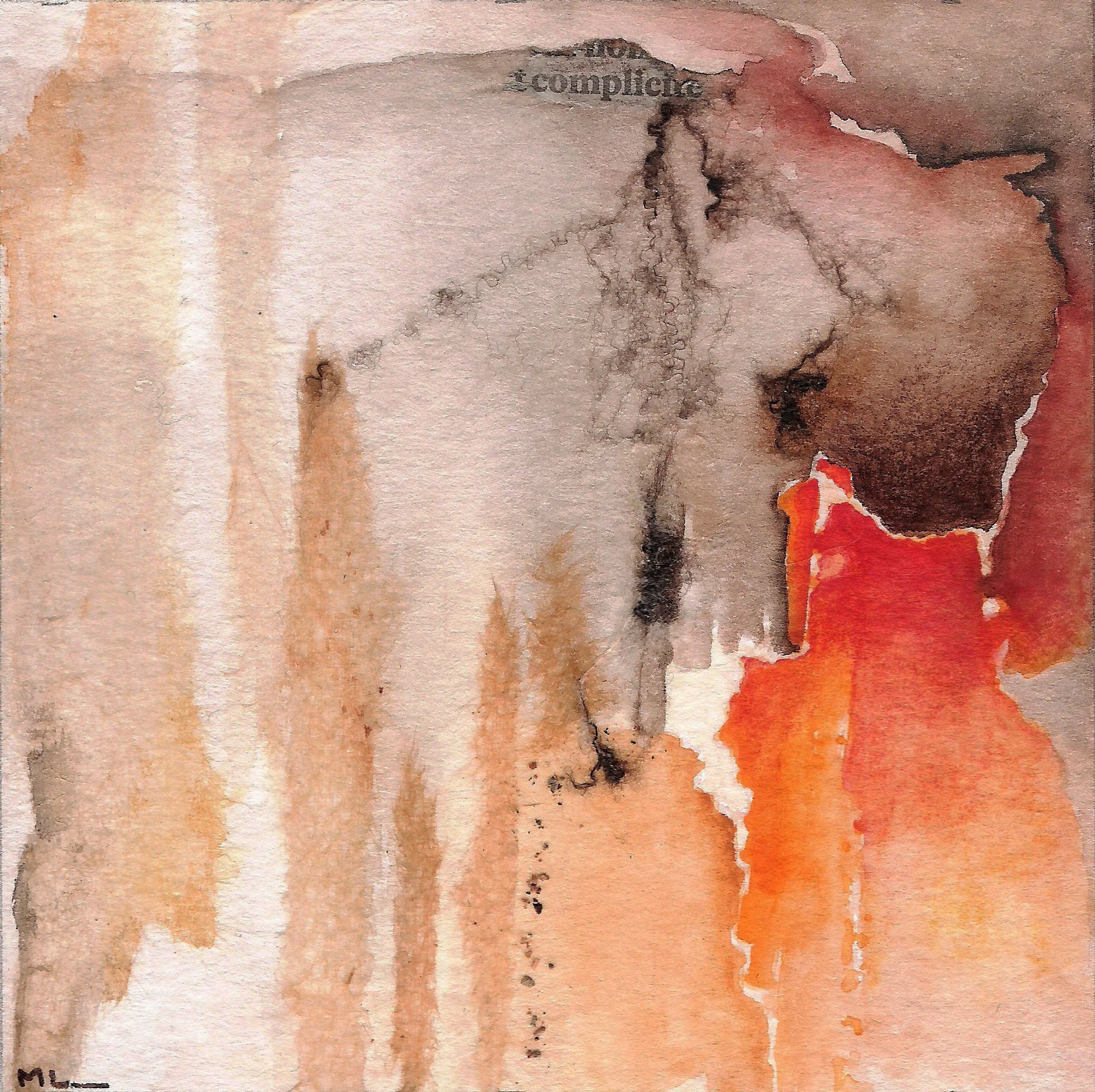 Peinture abstraite en nuances de beige, marron, noir, et rouge, avec des dégradés et des lignes fluides.