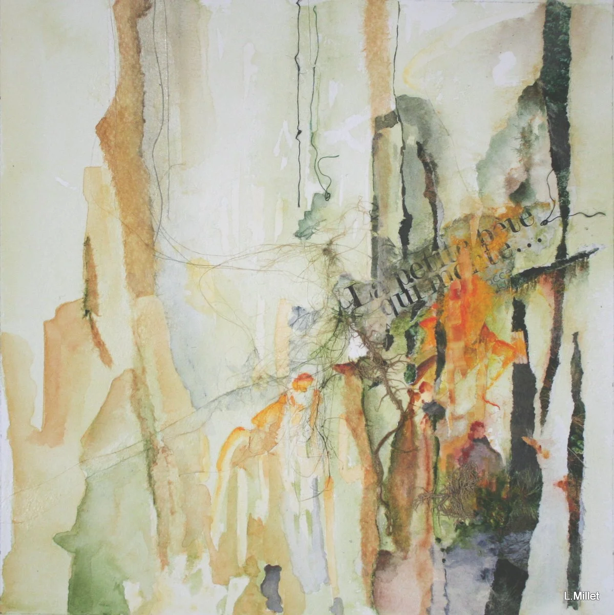 Une peinture abstraite avec des couleurs pastel, des lignes fines, et un texte en français partiel. Il y a aussi des touches d'orange, de vert et de noir.