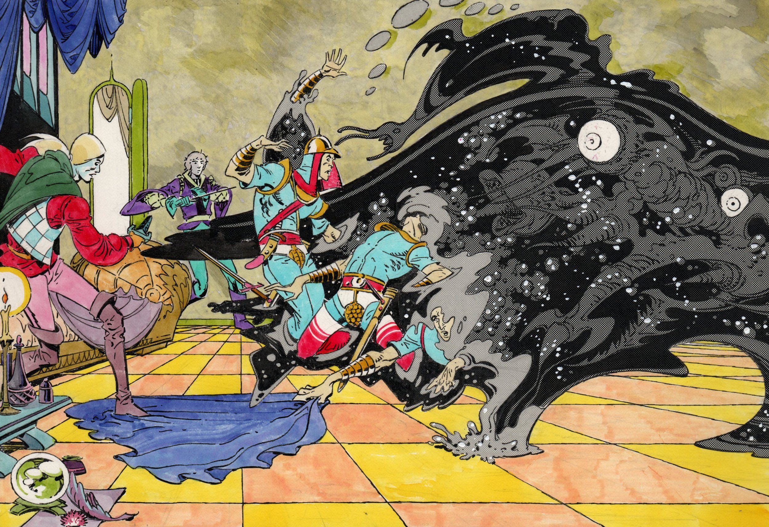 A colorful comic-style illustration of a supernatural scene in a room, featuring a large black wave with swirling patterns and glowing orbs, crashing towards several characters dressed in fantasy costumes.