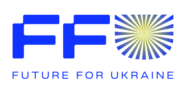 Graphic logo with large stylized letters spelling FFF, a starburst shape, and the text "FUTURE FOR UKRAINE" underneath.
