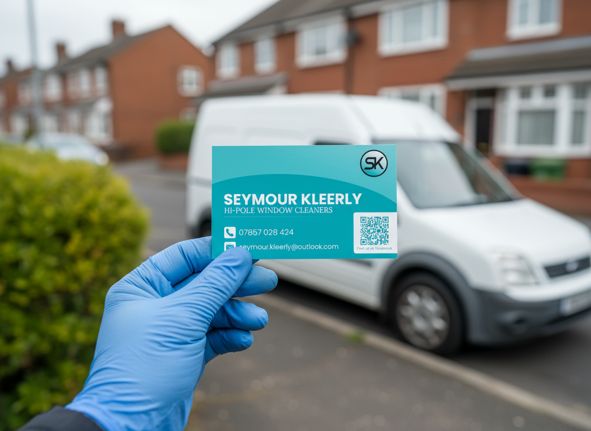 A person wearing a blue glove holding a business card for Seymour Kleerly, a window cleaner, in front of a white van parked on a residential street.