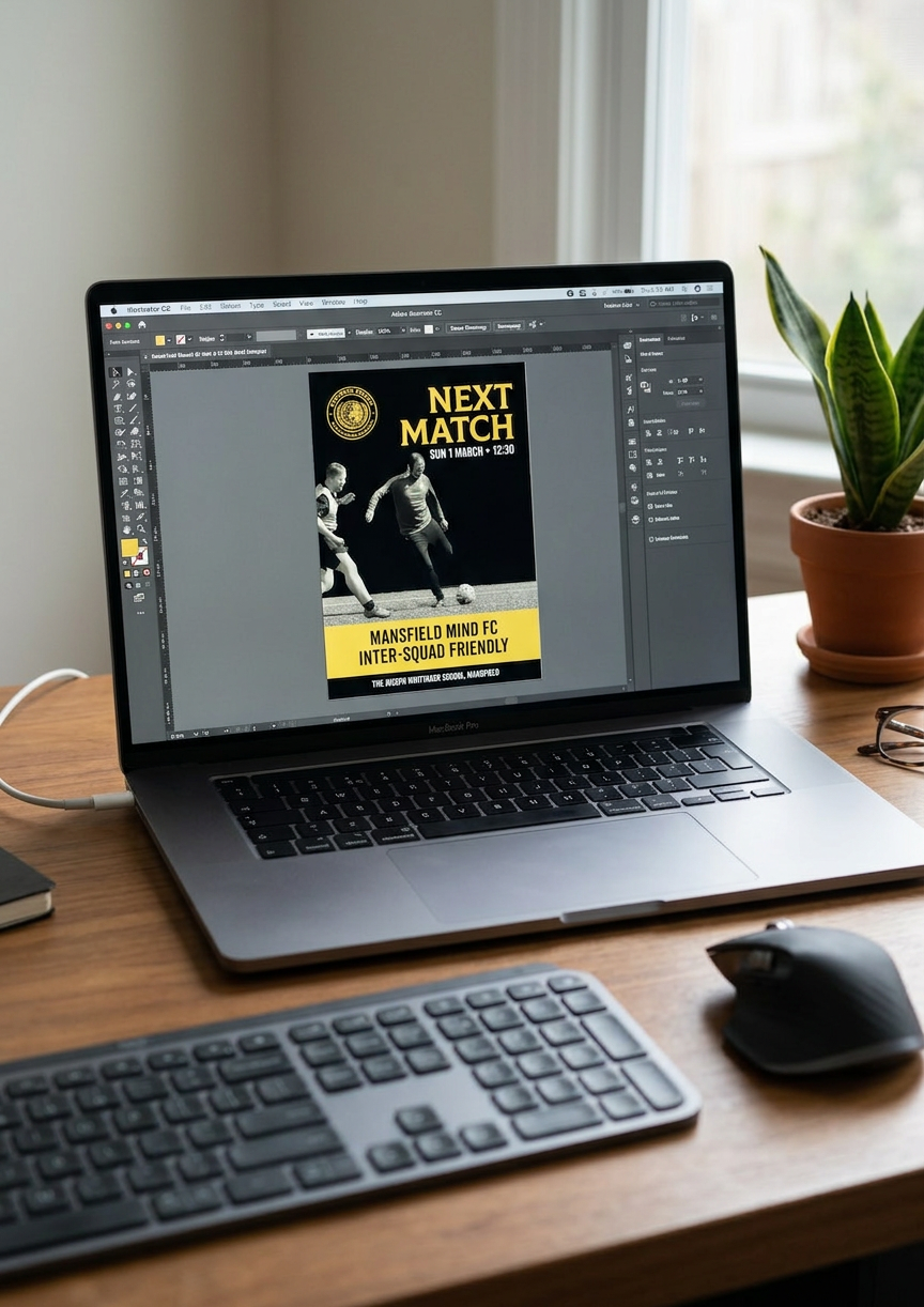 Design mockup for a football match poster on a computer screen, featuring two players, event details, and team information, on a wooden desk near a window.
