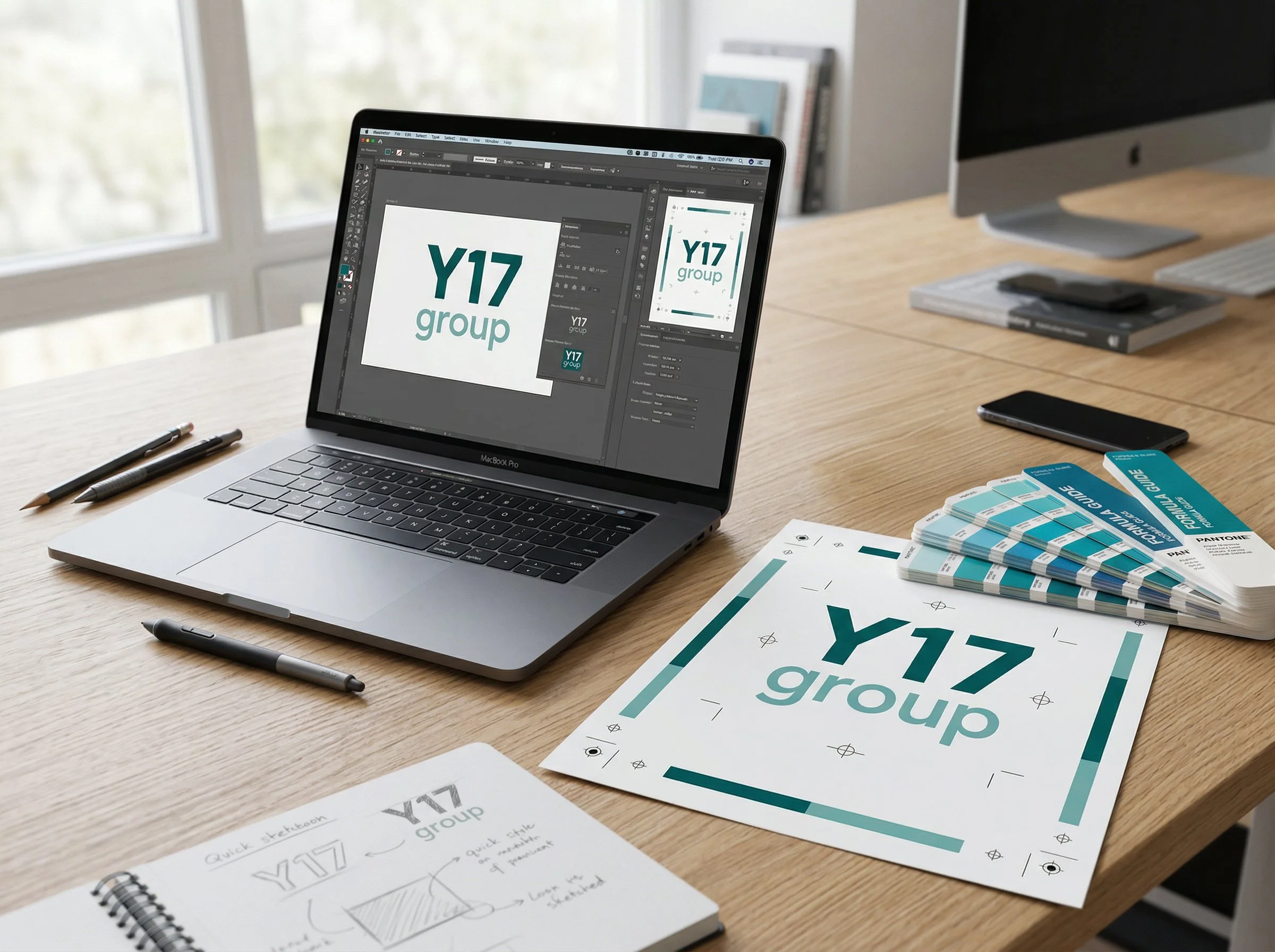 Design workspace with a laptop displaying graphic design software, printed branding materials with 'Y17 group' logo, color swatches, a notebook with sketches and notes, pens, a smartphone, and an external monitor on a wooden desk near a window.