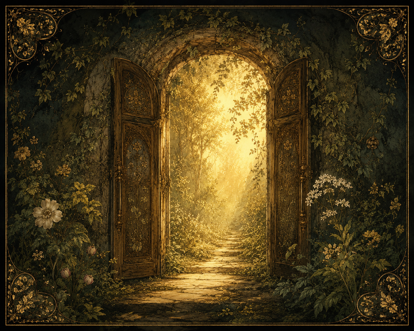 Ancient arched wooden doors opening into a sunlit forest path — the threshold between what was and what’s becoming, The Alchemist’s Vine