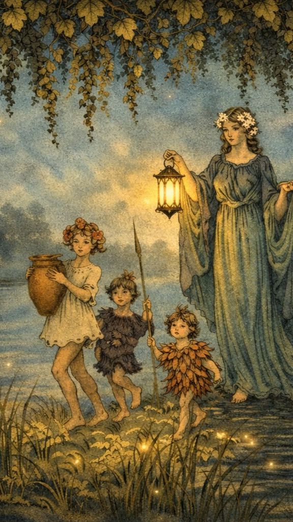 A vintage fairy tale illustration depicting three ethereal figures — a tall fairy woman and two smaller fairy children dressed in leaves and natural materials — walking together through a luminous, golden meadow landscape