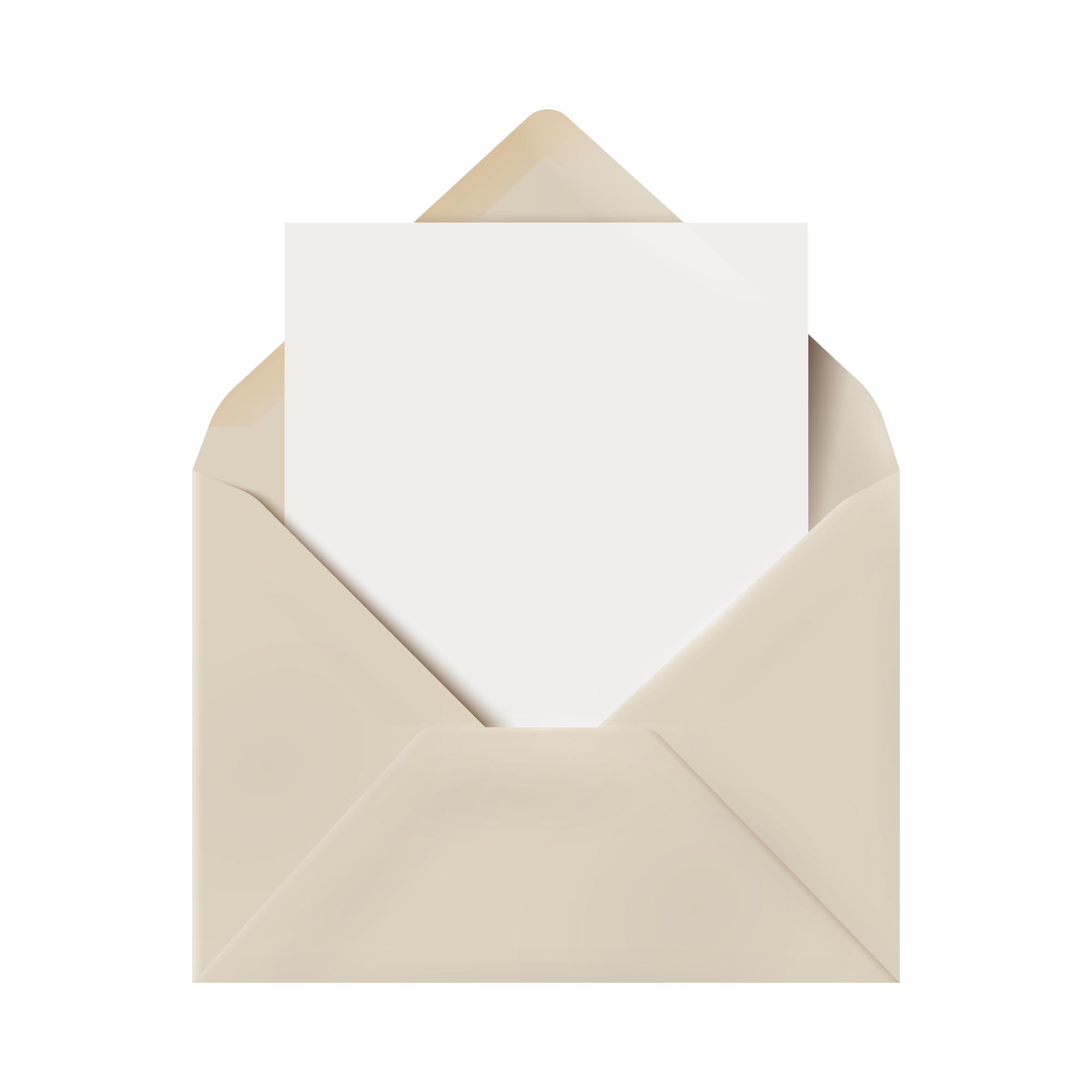 An open beige envelope with a blank white card partially inside.