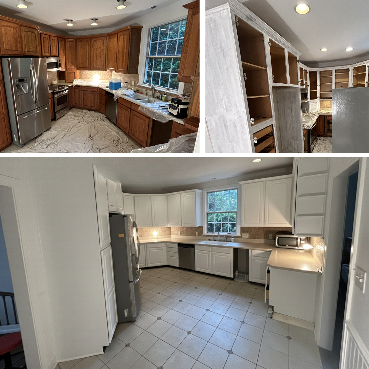 Comparison of a kitchen before and after renovation: the top images show the kitchen during remodeling with wood cabinets, unfinished walls, and construction materials; the bottom image shows the completed kitchen with white cabinets, tiled flooring, and finished walls.
