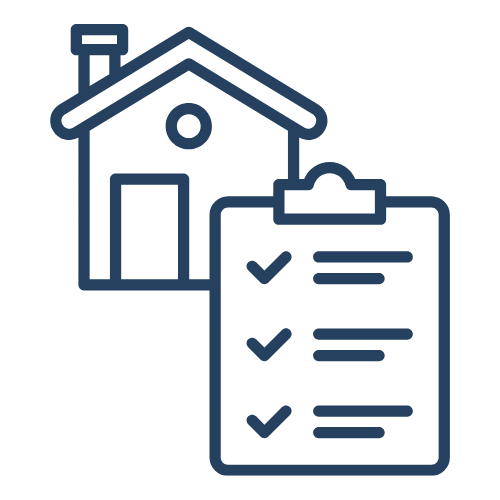 Outline of a house with a chimney next to a clipboard with checkmarks.