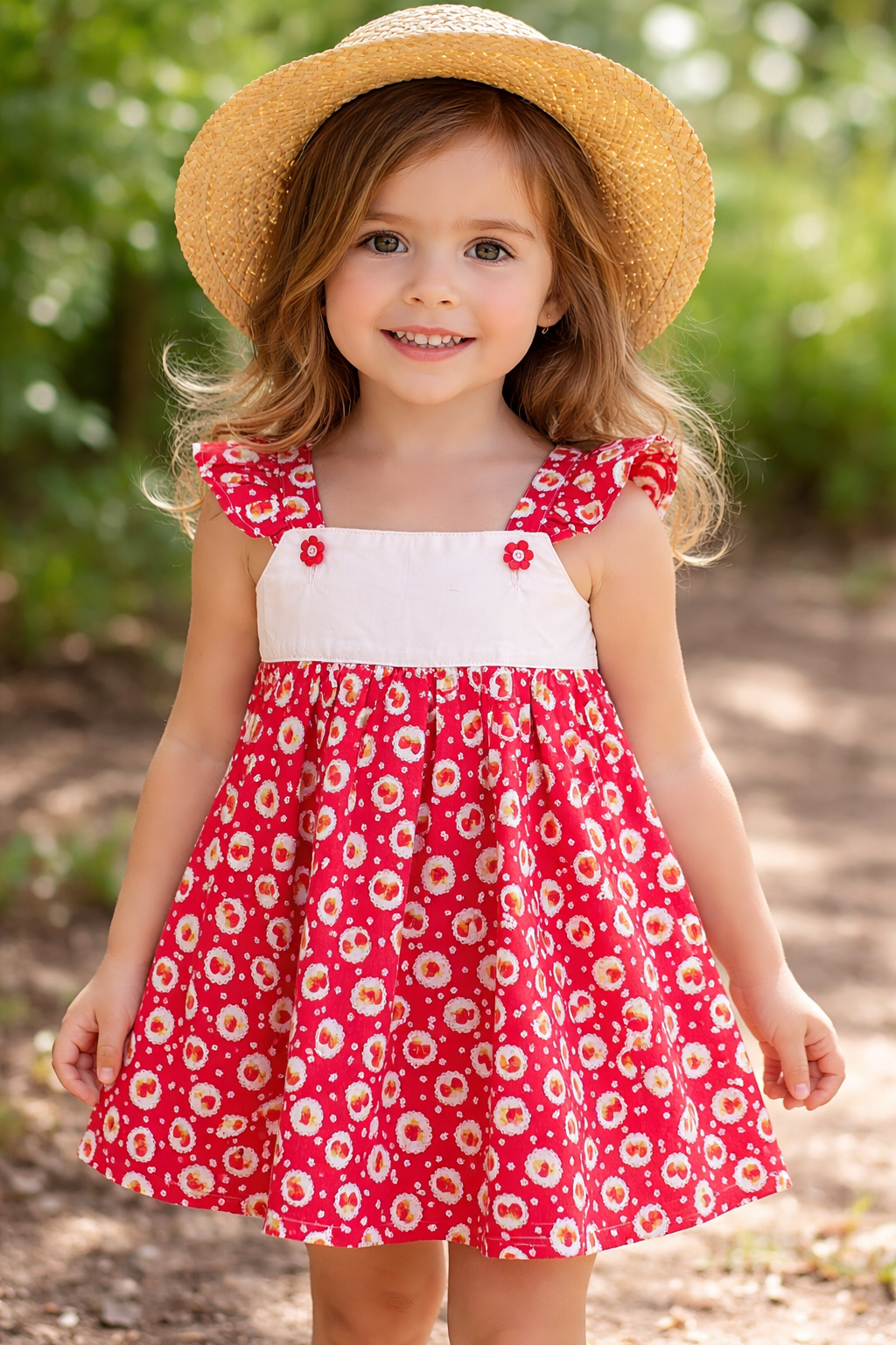 Strawberry Blossom Handmade Girls Dress – Red Floral Cotton | Adorable Creatures